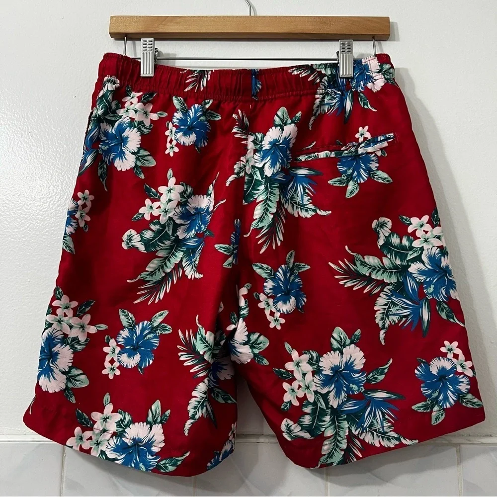 Brooklyn Cloth Surf Ave Small Red Hawaiian Floral Volley Swim Trunks Shorts